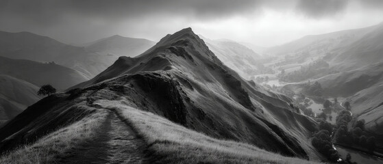 Sharp ferrofluid ridge with moody haze and ample left space for text