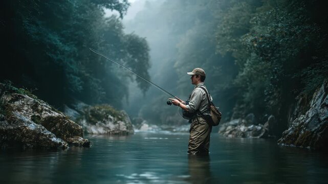 Caucasian man fly fishing in a tranquil river surrounded by lush greenery during early morning light with mist hovering over the water