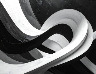 Abstract black and white looping ribbons form dynamic composition