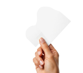 Hand holding blank white paper in creative shape isolated PNG with Transparent Background