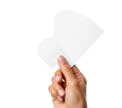 Hand holding blank white paper in creative shape isolated PNG with Transparent Background