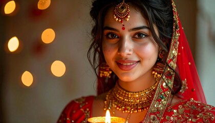 Portrait of a diwali goddess, young indian woman, beautiful dressed in a traditional red and gold costume, adorned with gold jewelry and precious stones holding a traditional candle diwali.