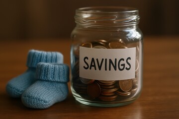 A jar labeled "savings" filled with coins next to a pair of blue baby booties.