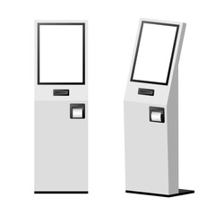 Interactive digital payment self kiosk with blank white touch screens, with bill acceptor and receipt printer slot isolated white front and isometric view, service terminal 3d vector mockup.