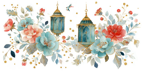 Watercolor festive floral motif with decorative lanterns capturing ramadan and eid celebration ambiance isolated on transparent background © DARK TRUST