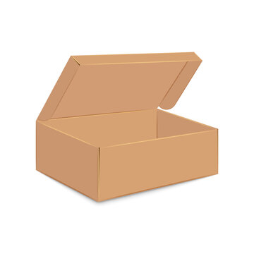 Opened brown blank cardboard shoe box 3d isometric shape vector mockup with lid raised, empty inside, ready for product packaging, shipping.
