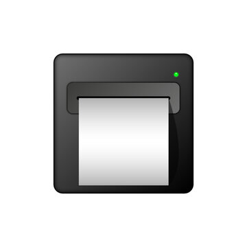 Realistic small black pos receipt printer 3d vector mockup with blank paper check coming out and a green power indicator light isolated on white top view.