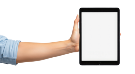 Hand holding digital tablet computer with blank screen isolated PNG with Transparent Background