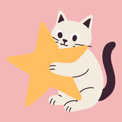 Whimsical Cartoon Cat Embracing Star
