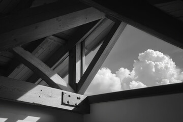 Low-angle view of roof framing with nail plates, joist hangers, and skylight beam