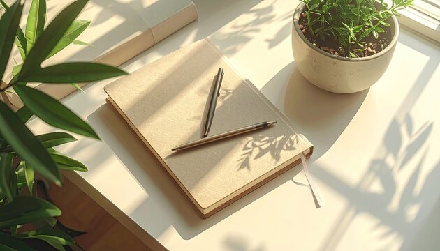 Notebook with pens resting on a table bathed in warm morning sunlight with green plants nearby casting subtle shadows providing a serene and organized workspace atmosphere