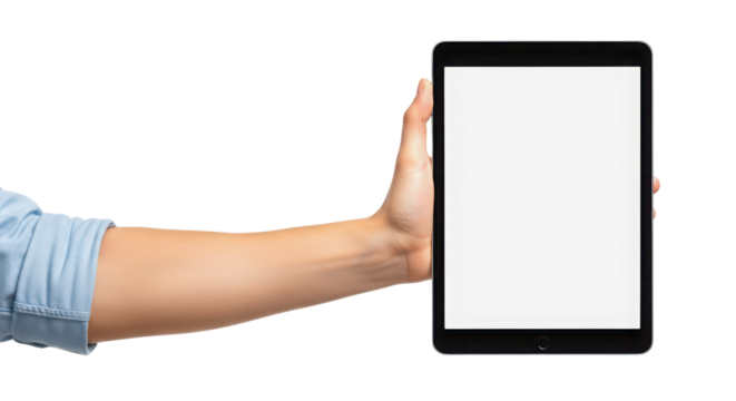 Hand holding digital tablet computer with blank screen isolated PNG with Transparent Background