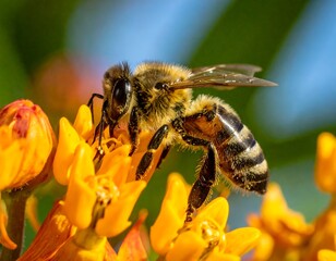 Fototapeta premium Honeybee poised on vibrant orange blossoms, wings spread, blurred background