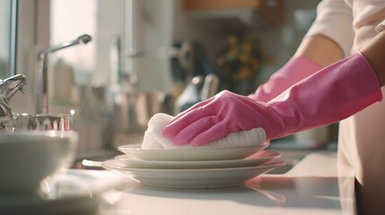 Woman's hands in pink gloves cleaning plates with a sponge in a bright kitchen