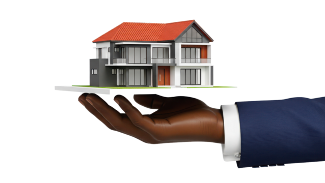 Black hand holding modern house isolated PNG with Transparent Background