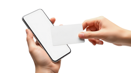 Woman holding a blank business card and using a smartphone isolated PNG with Transparent Background