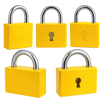 Five bright yellow padlocks with silver hasps