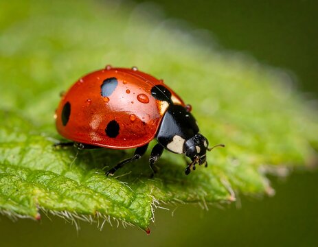 Detailed macro shot of a ladybug with raindrops resting on a leaf