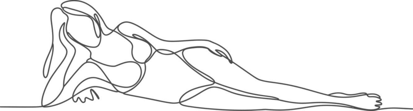 A continuous line drawing of a woman in a bikini lying down.