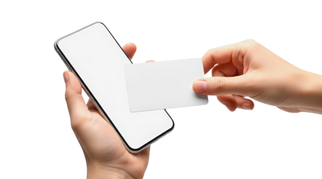Woman holding a blank business card and using a smartphone isolated PNG with Transparent Background