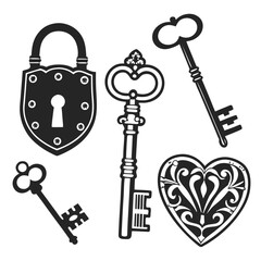 Antique lock and ornate keys with heart shape vintage