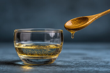 UV purifying wand glowing above glass of water with empty right margin for text