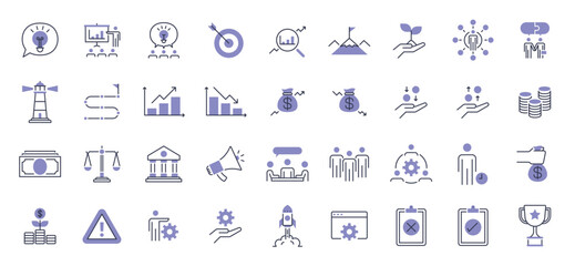 “Business & Finance Icon Set – 36 Minimalist Purple Line Symbols for Strategy, Growth & Corporate Design”
