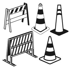 Black and white construction barriers and traffic cones