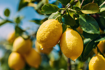 Close up of ripe lemons hanging on branches in sunlit orchard with vibrant yellow peels and lush green leaves under clear blue sky
