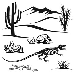 Black and white desert landscape with dinosaur skeleton and cacti