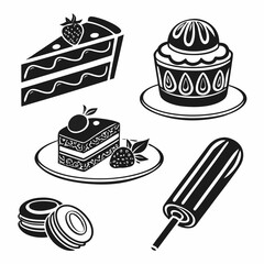 Black and white dessert icons slice of cake cupcake popsicle macarons
