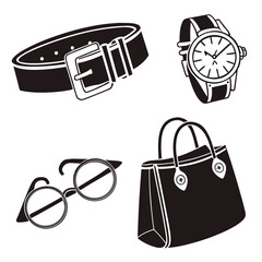 Black and white icons of fashion accessories belt watch