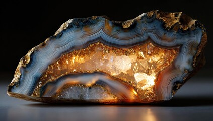 Fototapeta premium Agate geode section, banded layers, sparkling crystal center
