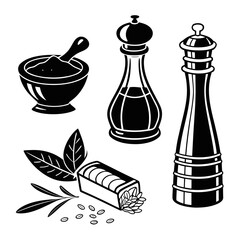 Black and white illustration of kitchen spices and grinders