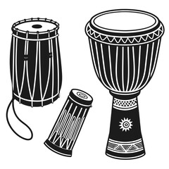 Black and white illustration of three African drums