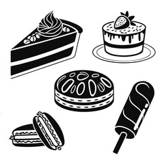 Black and white illustrations of assorted desserts and treats
