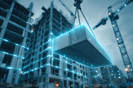 Crane lifting precast concrete panel with holographic anchor lines and space for text - Powered by Adobe