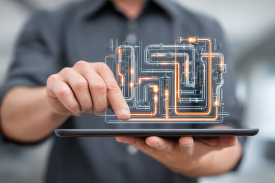 Tablet showing glowing vertical MEP paths in interior riser shaft coordination