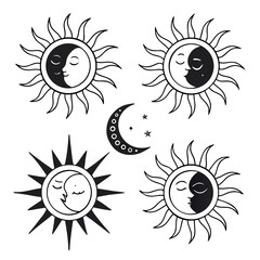 Black and white sun and moon celestial graphic elements