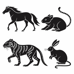 Black animal silhouettes horse tiger rabbit rat vector
