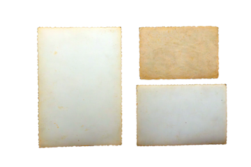 Set of three aged photo papers with scalloped edges, showcasing realistic vintage wear and patina