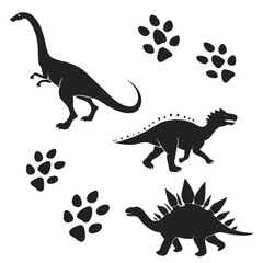 Black dinosaur silhouettes and footprints on white background