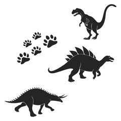 Black dinosaur silhouettes and paw prints on white