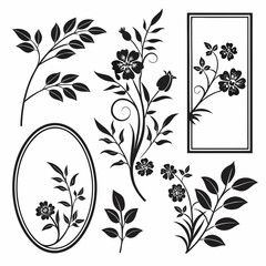 Black floral and leaf decorative elements on white background