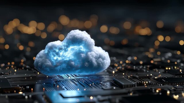 Innovative data storage technology featuring a cloud computing concept on a circuit board during a futuristic digital environment