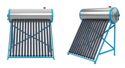Solar Water Heater Product Shot with Stainless Steel Tank and Evacuated Tubes