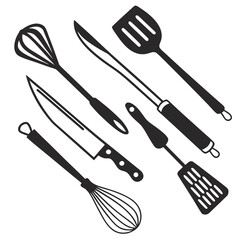 Black Kitchen Utensils Whisk Spatula Knife on White Background
