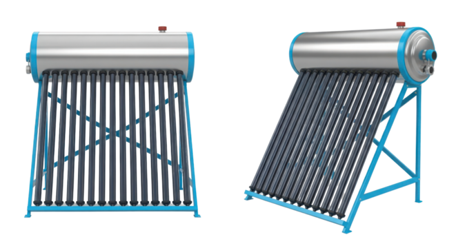 Two solar water heaters for renewable energy solutions isolated PNG with Transparent Background