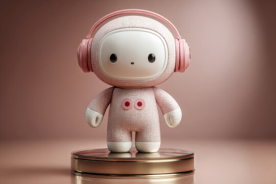 Friendly customer support mascot with headphones on glossy pedestal and floating notifications