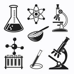 Black science laboratory equipment icons beaker flask